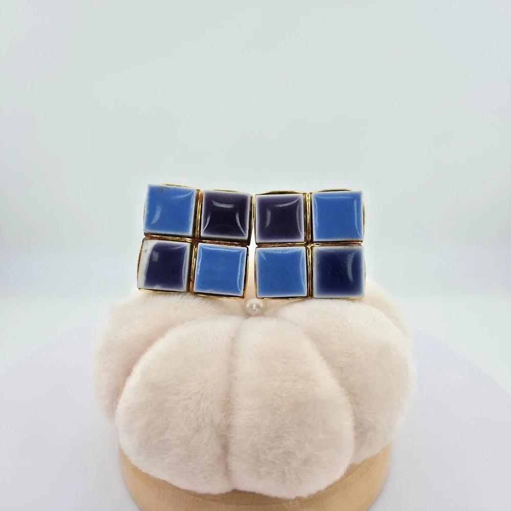 Vintage Ceramic Cufflinks Mid-Century Modern Purple Blue Enamel Tiles Gold Plate